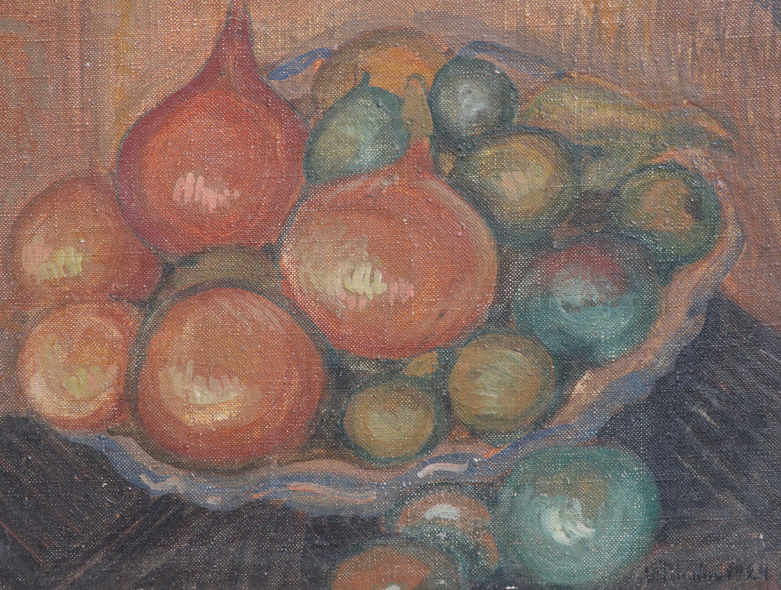 Vladimir Polunin (Russian, b.1880), Still life of fruit and onions in a bowl, oil on canvas board, 24 x 31cm